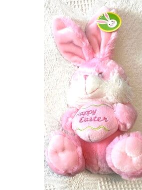 5/$15💥 Pink Plush Bunny Holding 'Happy Easter' Egg Stuffed Animal Toy Rabbit 🐰